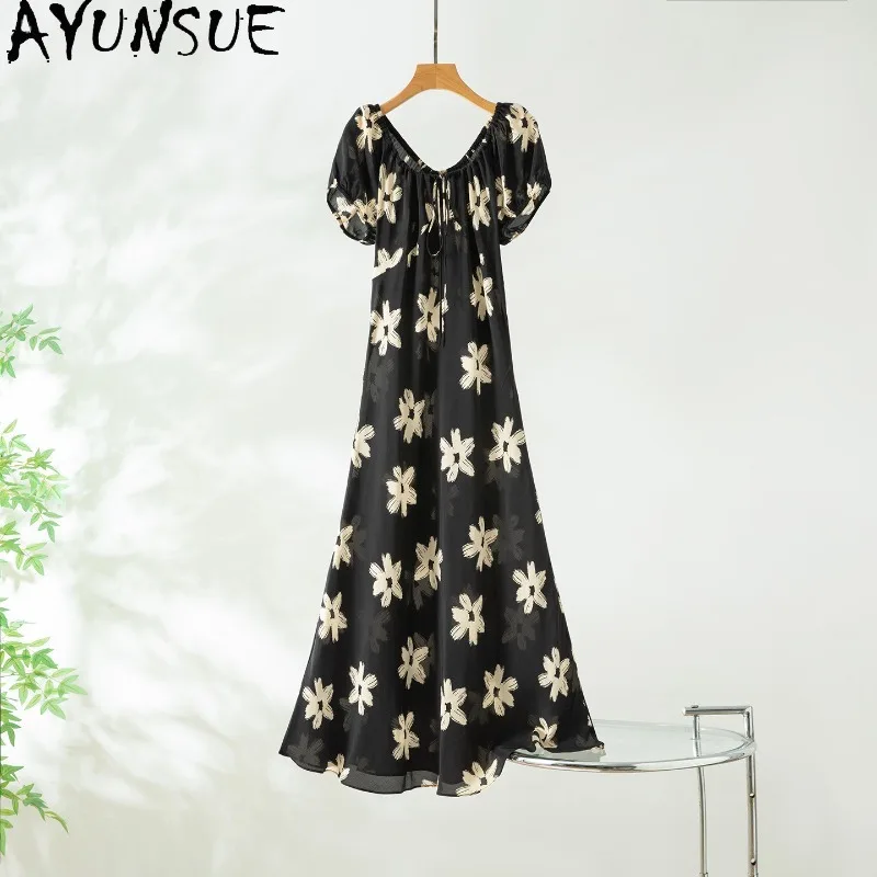 AYUNSUE Silk Double Crepe Dresses for Women French Puff Sleeves Summer Dress 2026 Woman Long Dresses Elegant Woman Clothes 원피스