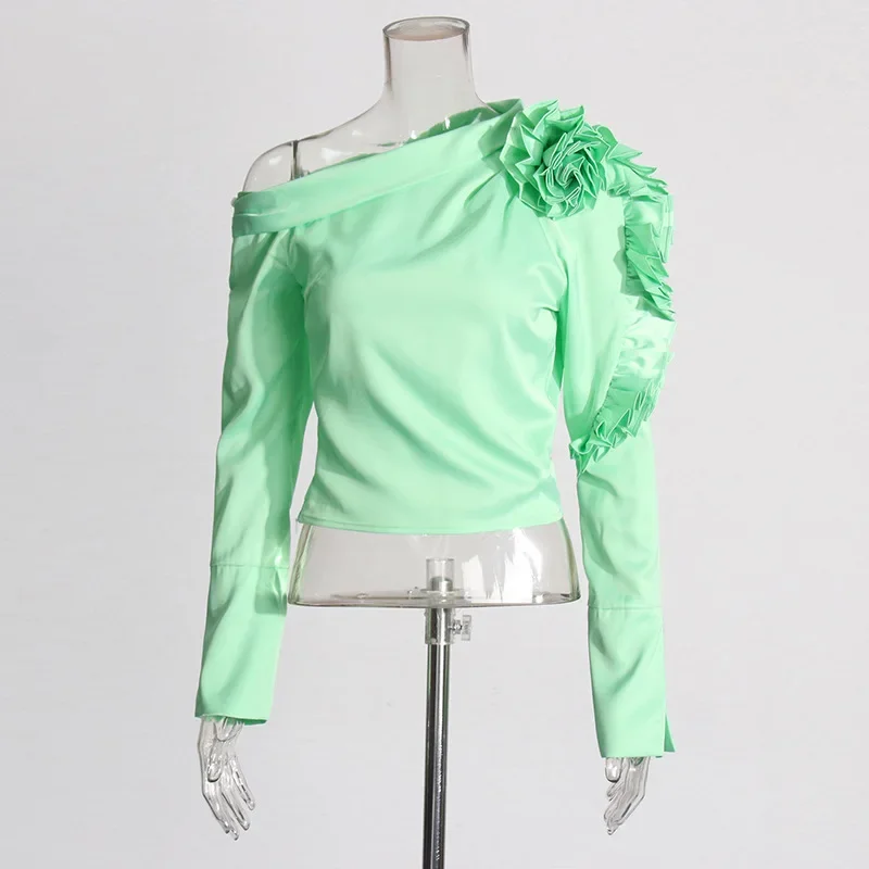 Fashion Single Shoulder Shirts 2024 New Feminine Flower Design Blouse Long Sleeve Green Shirt Women's Pullover Elegant Chic Tops