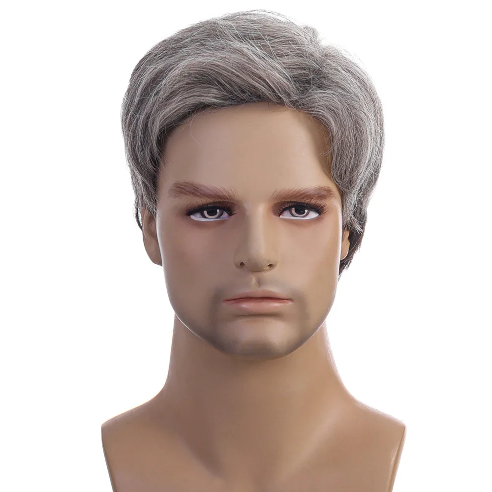 Men Wigs Short Silver Gray Wig Male Guy Short Layered Cosplay Daily Party Synthetic Heat Resistant Breathable Wig