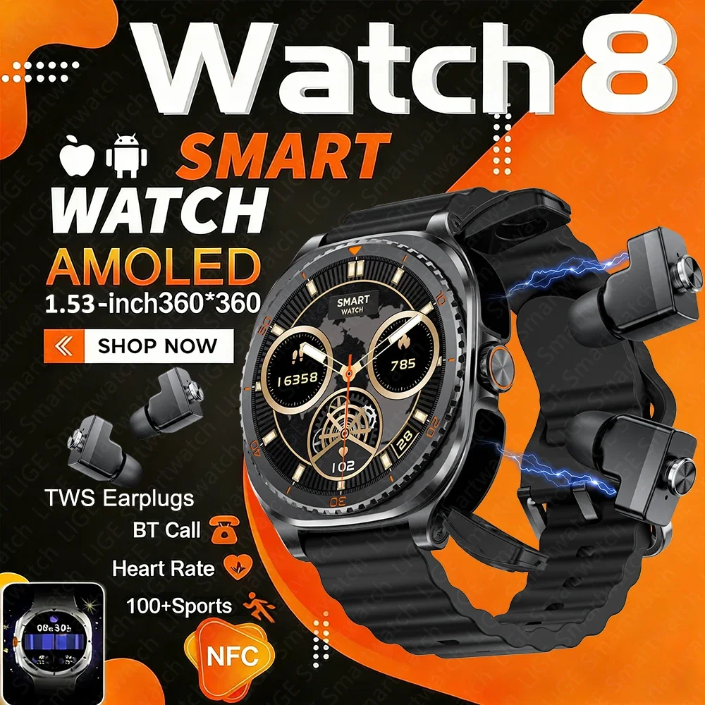

2026 New 2in1 TWS Headphones Smart Watch 8 Ultra Classic NFC Health Monitor Bluetooth Call Waterproof Smartwatch For Android iOS