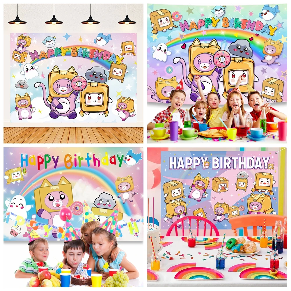 Фон для фотосессии Lankybox Boxy Square Head Box Character Birthday Banner с возможностью персонализации имени и фото для детей и детских праздников