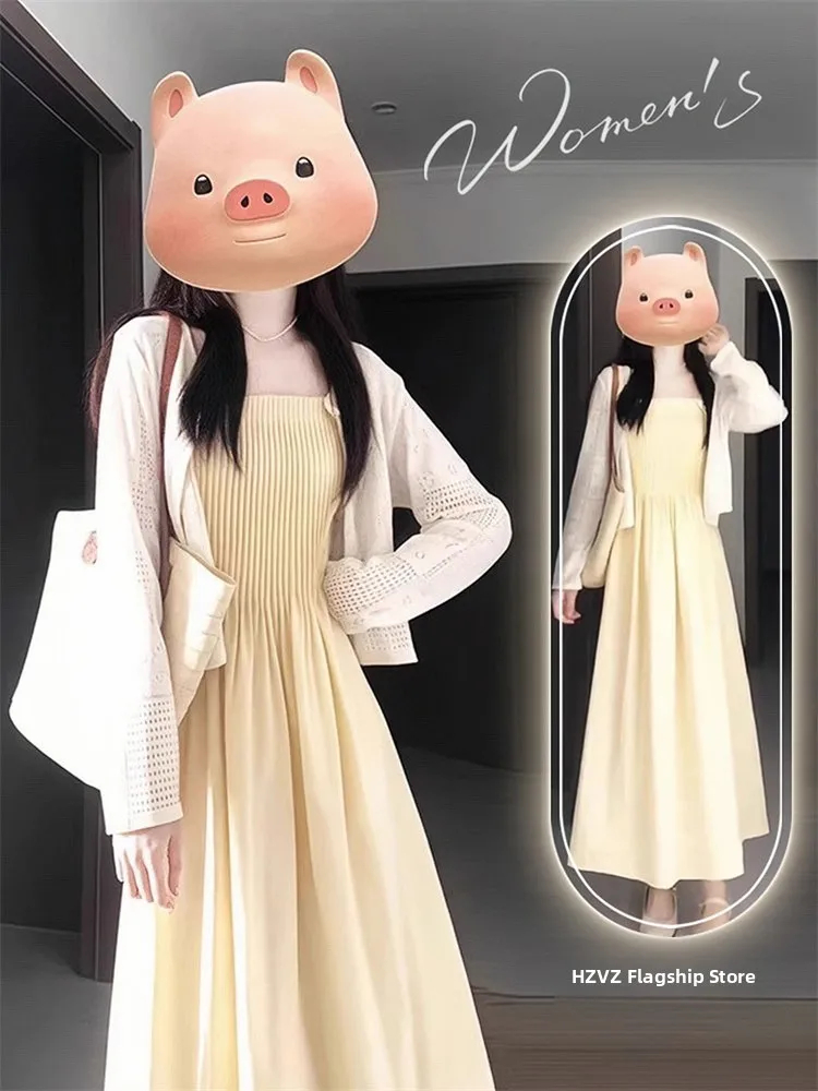 

Elegant plus Size Spring Outfit Hollow out Top Belly Concealing Strap Dress Set Korean Style High Waist Long Sleeve A-Line Skirt