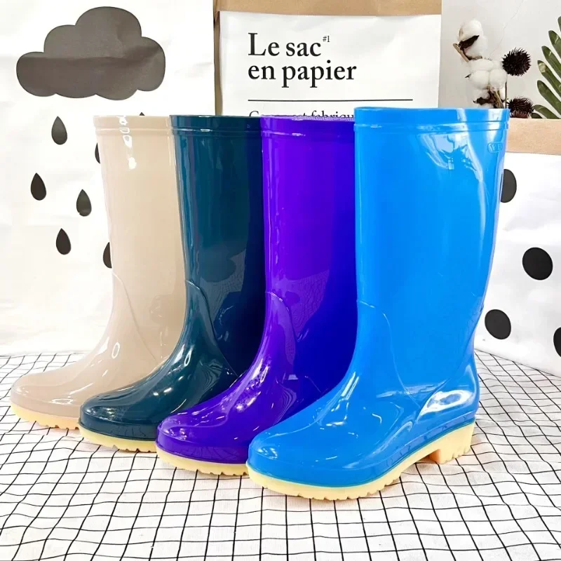 Women's rain boots low heel fashion long tube non-slip high tube water shoes kitchen high top women's soft rain shoes