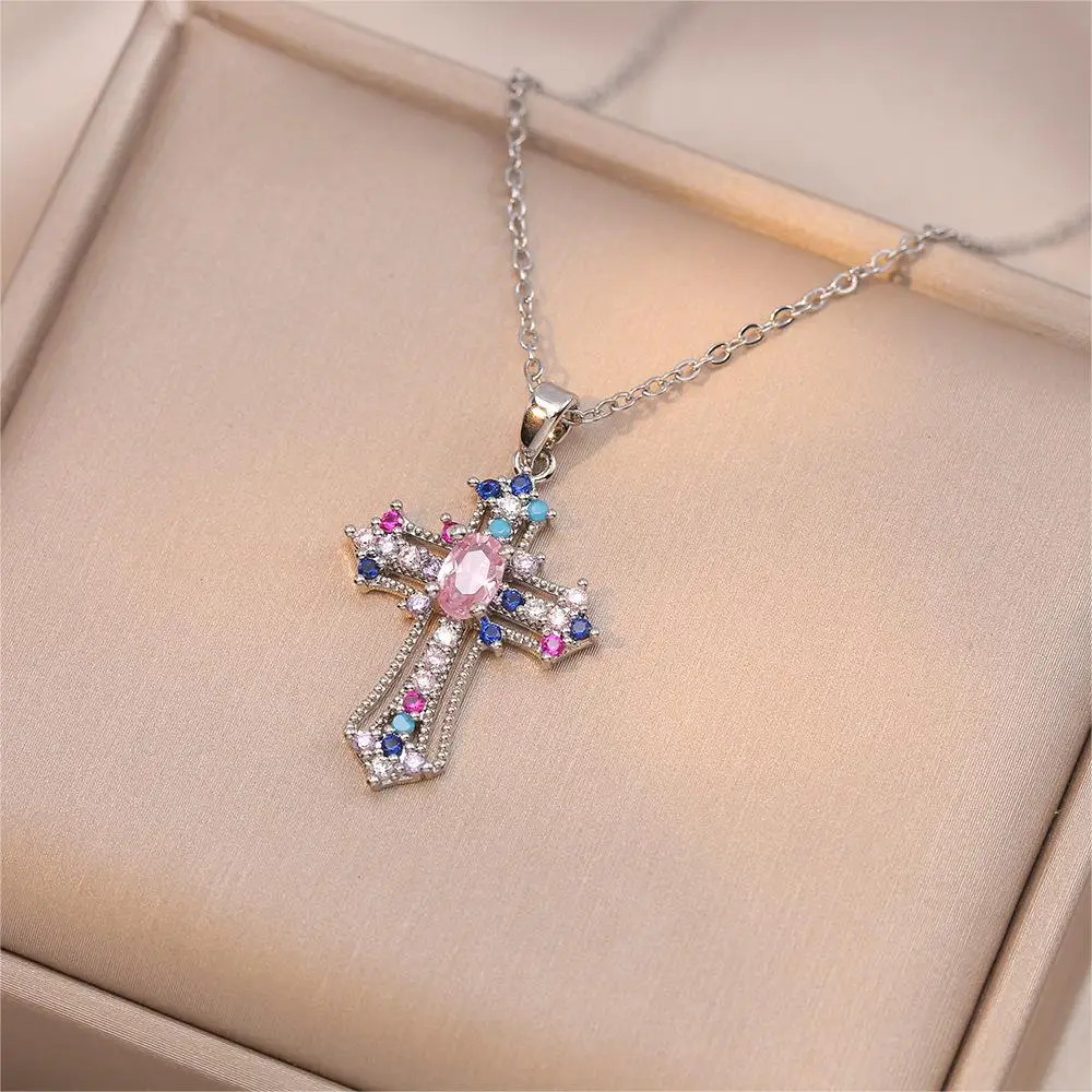 Y2K Style Jewelry Necklace Set with Colorful Round Small Rhinestones and Pink Drop-shaped Large Rhinestone Cross Necklace