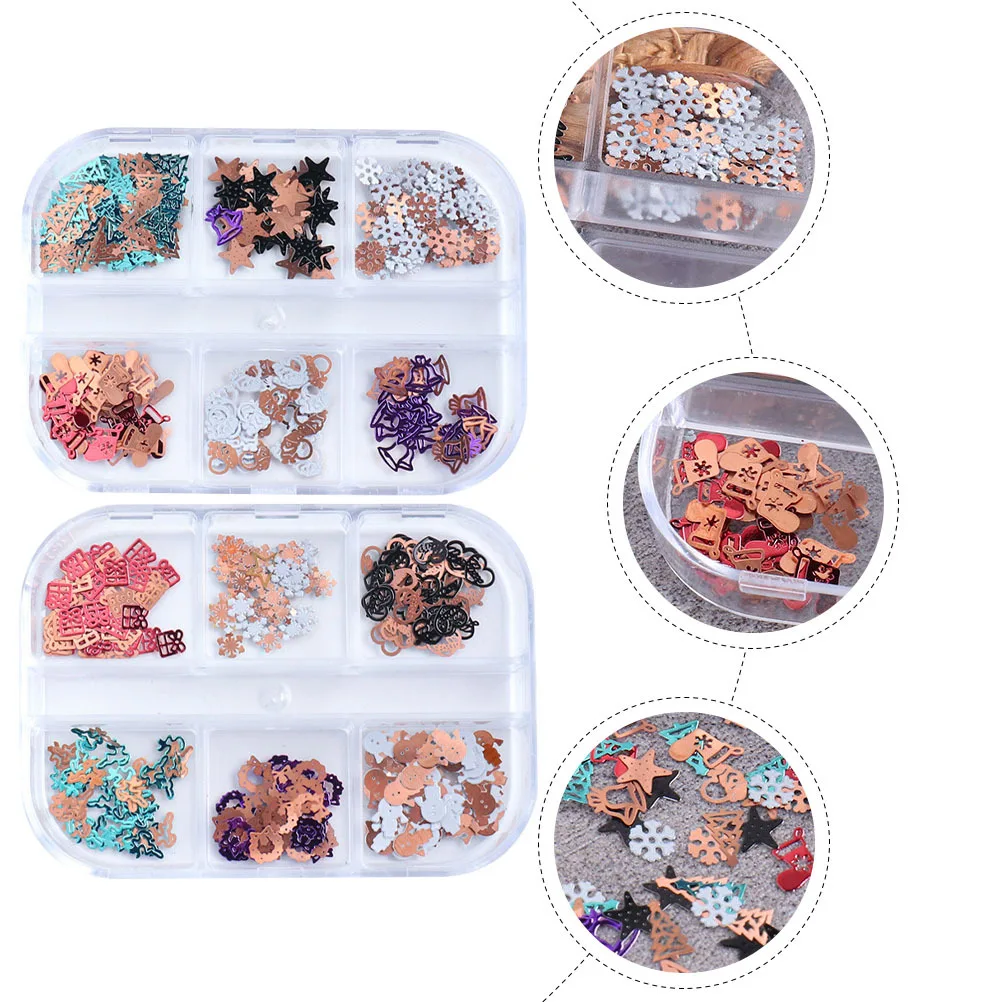 

2 Boxes Festive Xmas Nail Stickers Shiny Zinc Alloy Nail Art Charms for Creative DIY Manicure Decoration Xmas Party Supply
