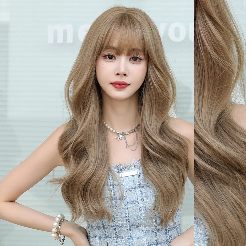 NAMM Costume Wig Long Loose Wavy Light Brown Wig For Women Daily Party High Density Synthetic Layered Wavy Wigs With Bangs