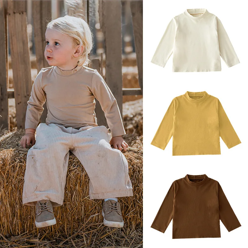 

Spring Autumn Basic Baby Kids Boys Girls T-shirts Infant Cotton Tee Shirts Solid Turtleneck Long Sleeves Bottoming Shirts