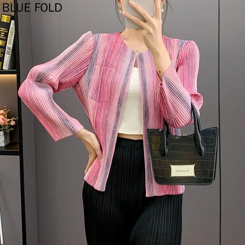 

Miyake Pleated Striped Printed Top Women Summer New Short Peplum Jacket Pleated Cardigan