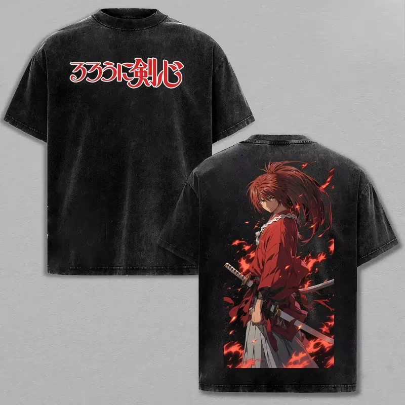 Camiseta Rurouni Kenshin Lavada, Estilo Urbano, Algodón, Oversize, Unisex, Estampada, Cuello Redondo, Manga Corta, Suave, para Parejas
