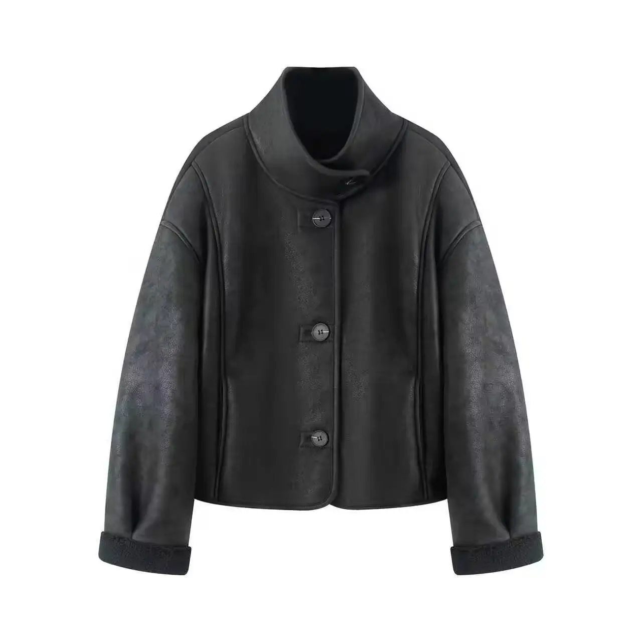 

DiYiG WOMAN 2025 Winter New Fashion Imitation Leather Jacket Chic Lapel Joker Button Long Sleeve Jacket Outerwear Mujer