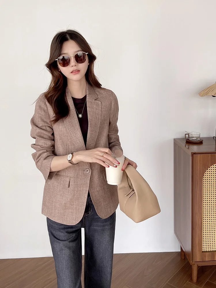 

Korean Faion Lin Tang Red Coffee Color Linen Suit Jaet Women's Autumn New Sle Leisure Commuting Sle Long Sve irt