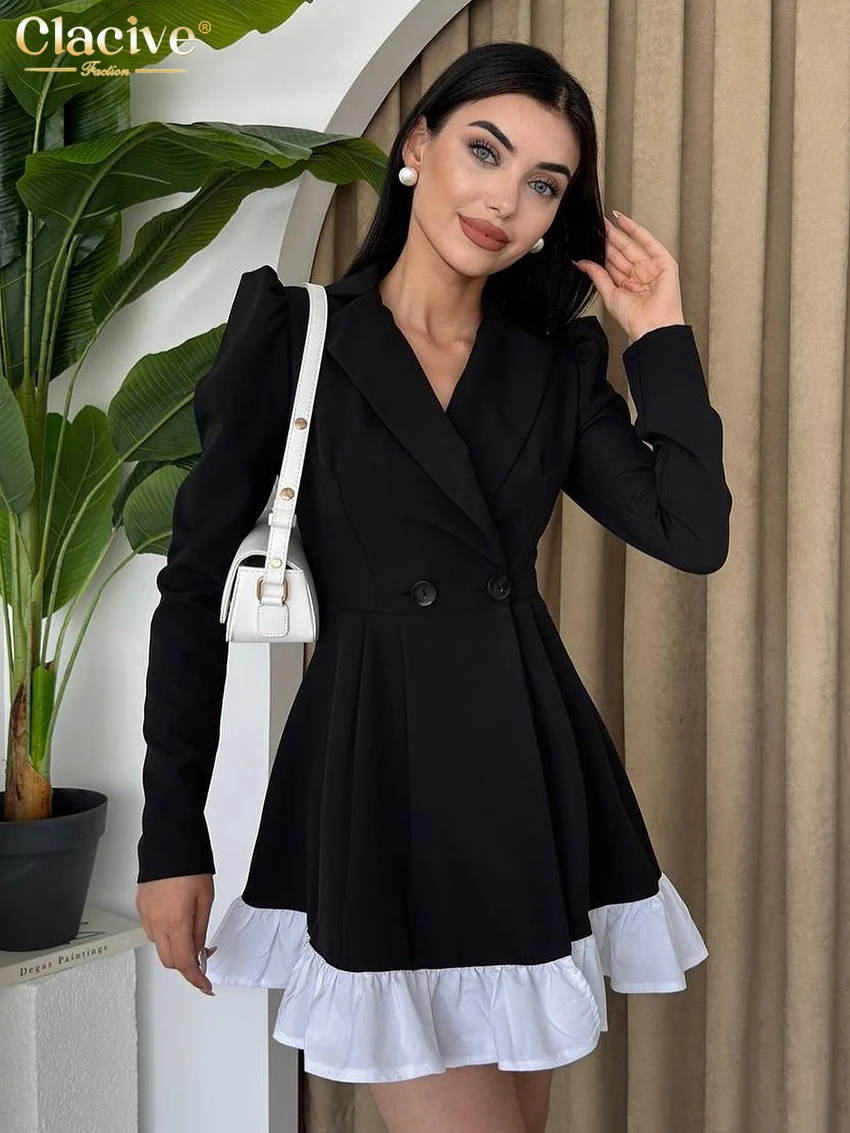 Clacive Fashion Loose Black Office Women\'s Dress Elegant Lapel Long Sleeve Mini Dresses Casual High Waist Patchwork Female Dress