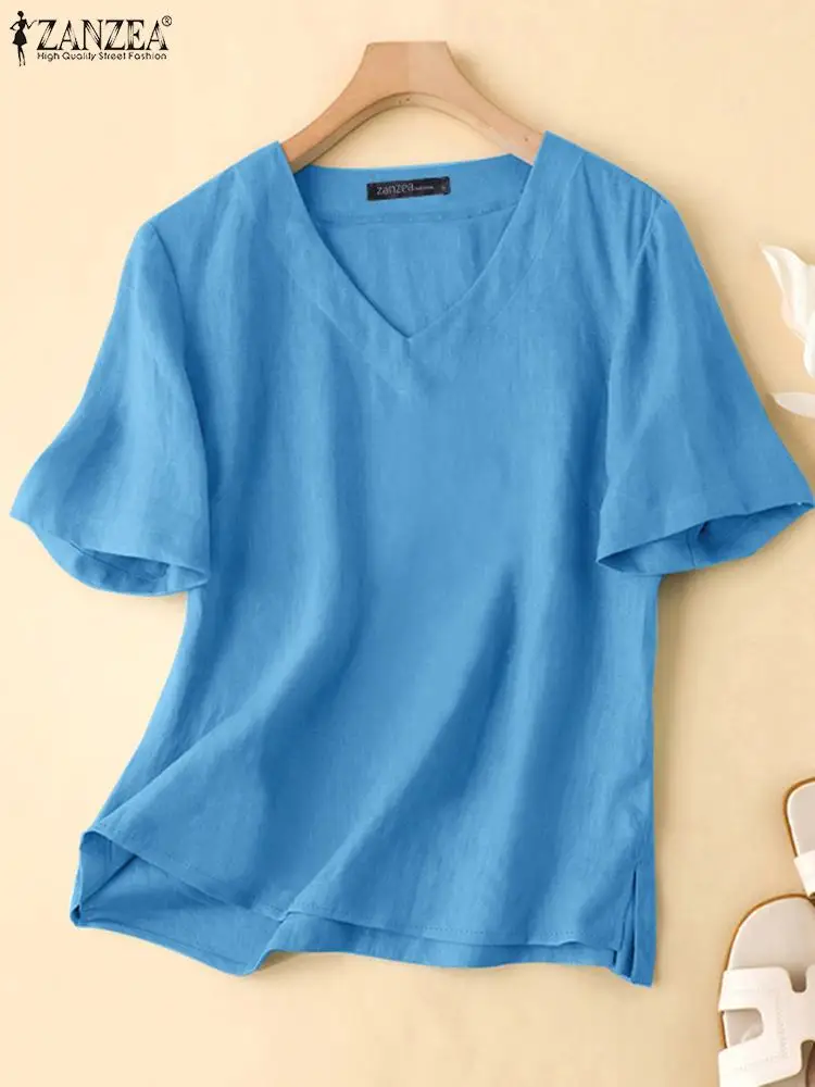 Summer Elegant Blouse ZANZEA Women V Neck Short Sleeve Blusas Casual Shirt Fashion Solid OL Work Tops Female Beach Tunic Mujer