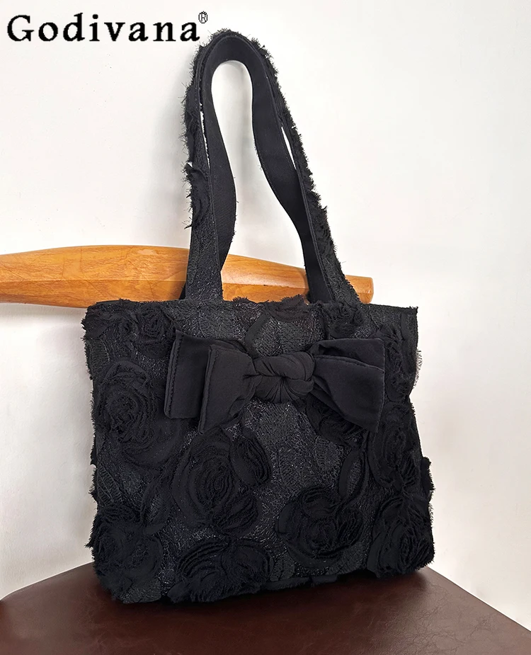 

Japanese Original 2025 New Black Three-dimensional Rose Shoulder Bag, High-end Bow, Large-capacity Daily Commuting Shoulder Bag