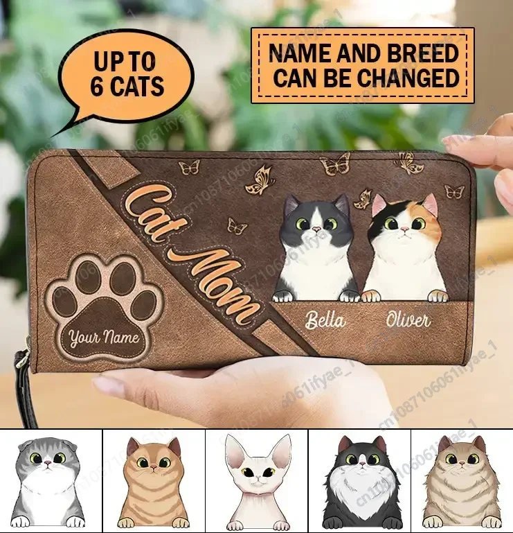 

Personalized Cat Mom Pu Leather Cutch Purse Cusom Name Wallets For Women High Quality Small Money Bag Monedero Mujer