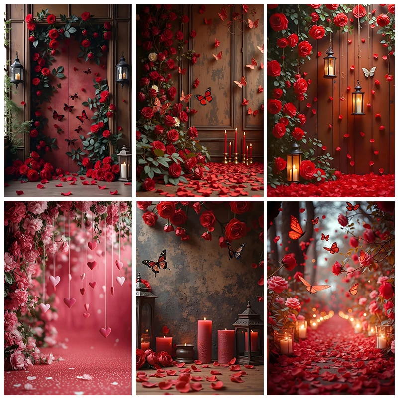 

Valentine's Day Photography Backdrops Red Rose Love Heart Angel Wing Butterfly Flowers Wedding Portrait Photo Background Decor