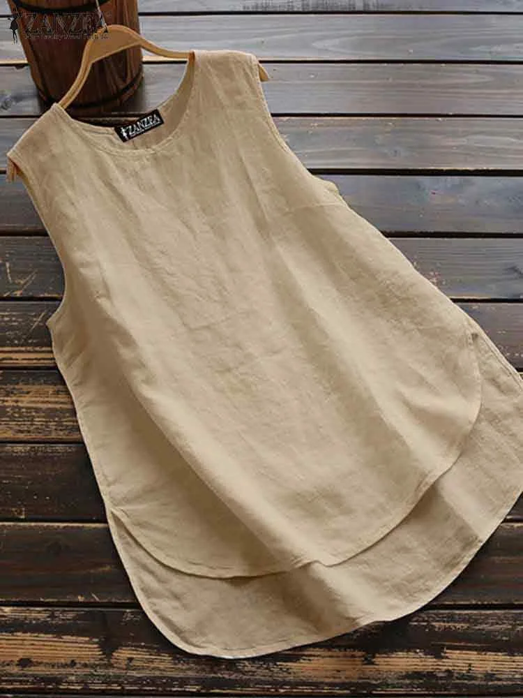 ZANZEA Summer Sleeveless Blouse Women Vintage Solid O Neck Loose Cotton Tanks Tops Casual Solid Beach Blusas Holiday Shirt 2024