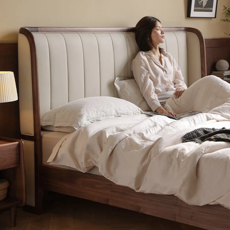 #North American Black Walnut Solid Wood Nordic Design Z30 Model Bed 1.5m 1.8m Genuine Leather Soft Package Master Bedroom Bed