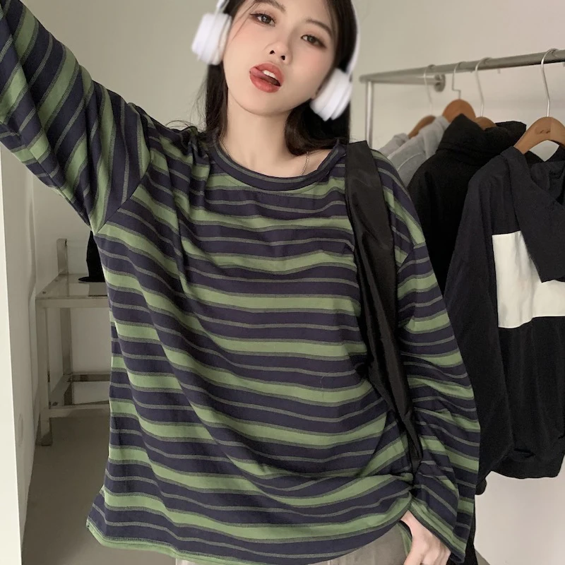 T-shirts for Women Streetwear Woman Clothing Y2k T-shirts Korean Fashion Striped Long sleeve T-shirts Student Tops