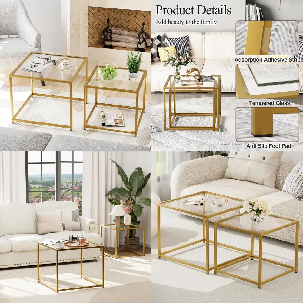 

Modern Glass Nesting Tables Set of 2, Metal Frame Square Coffee Tables for Living Room and Bedroom, 23.6 Gold