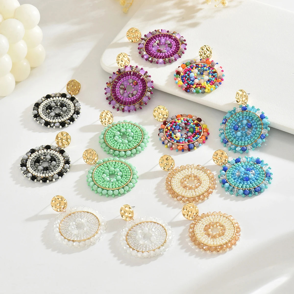 Bohemain Colorful Round Crystal Beads Drop Earrings for Women Ladies Handmade Geometric Metal Earrings Summer Party Jewelry Gift