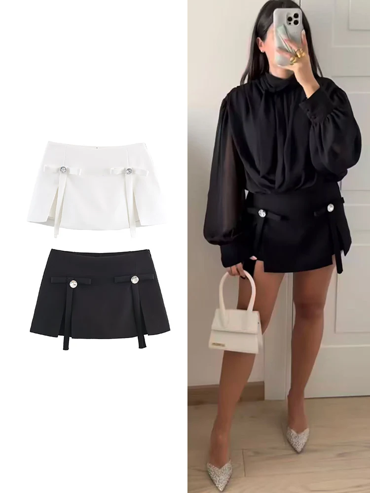 Nuevas faldas de lujo con cuentas y diamantes para mujer, faldas cortas con cremallera de cintura alta para primavera y verano, faldas decorativas con lazo a la moda