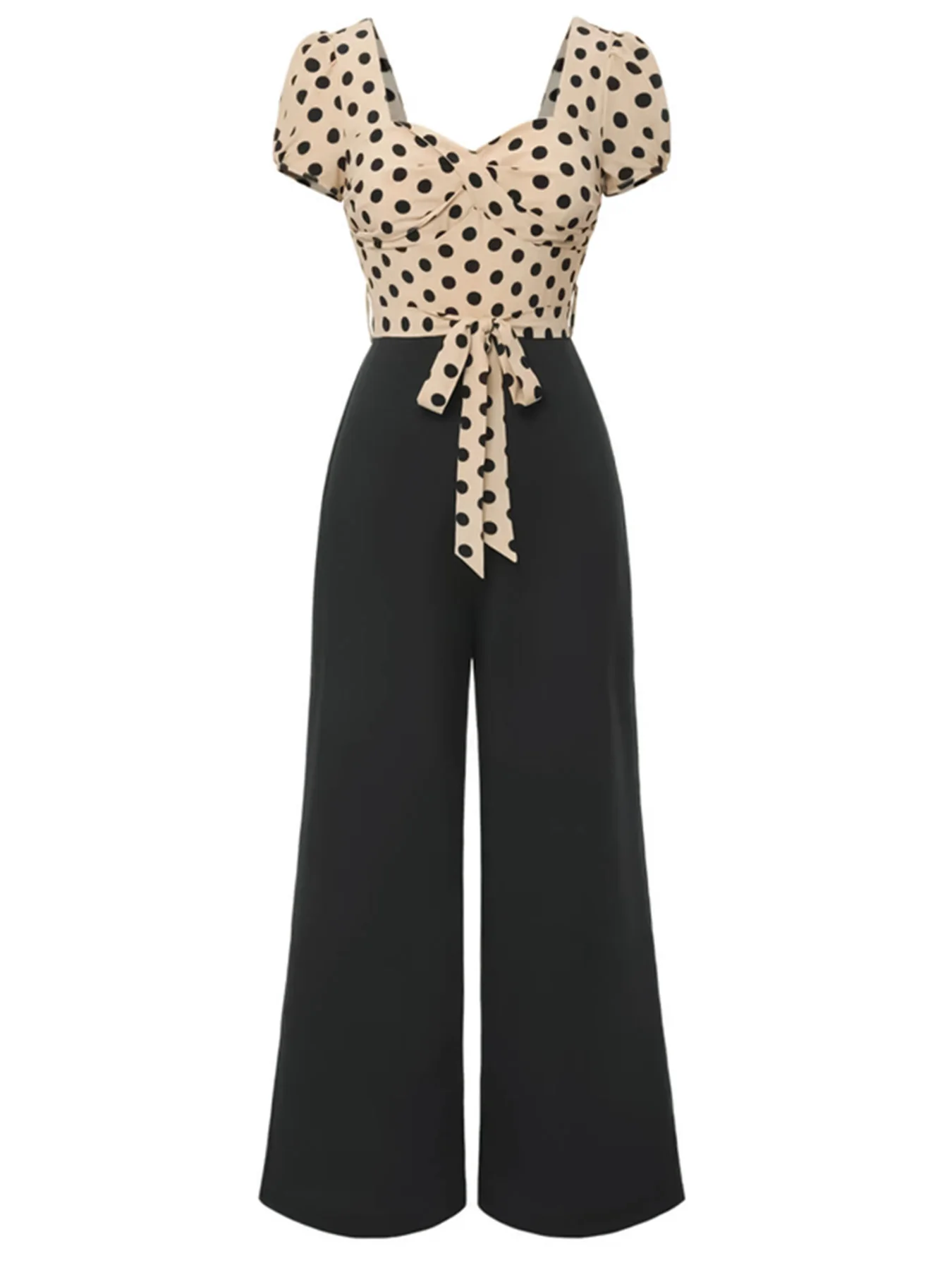 

plus Size Elegant Vintage Polka Dot Top with Heart Collar Waist Tie Butterfly Knot Jumpsuit Women's Comfortable Breathable Slim