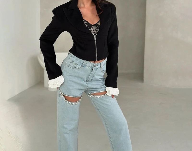 2025 Autumn New Women's Clothing Sexy Deep V-neck Collar, Waist Cinching and Slimming Suit, Zipper Jacket, Top for Women