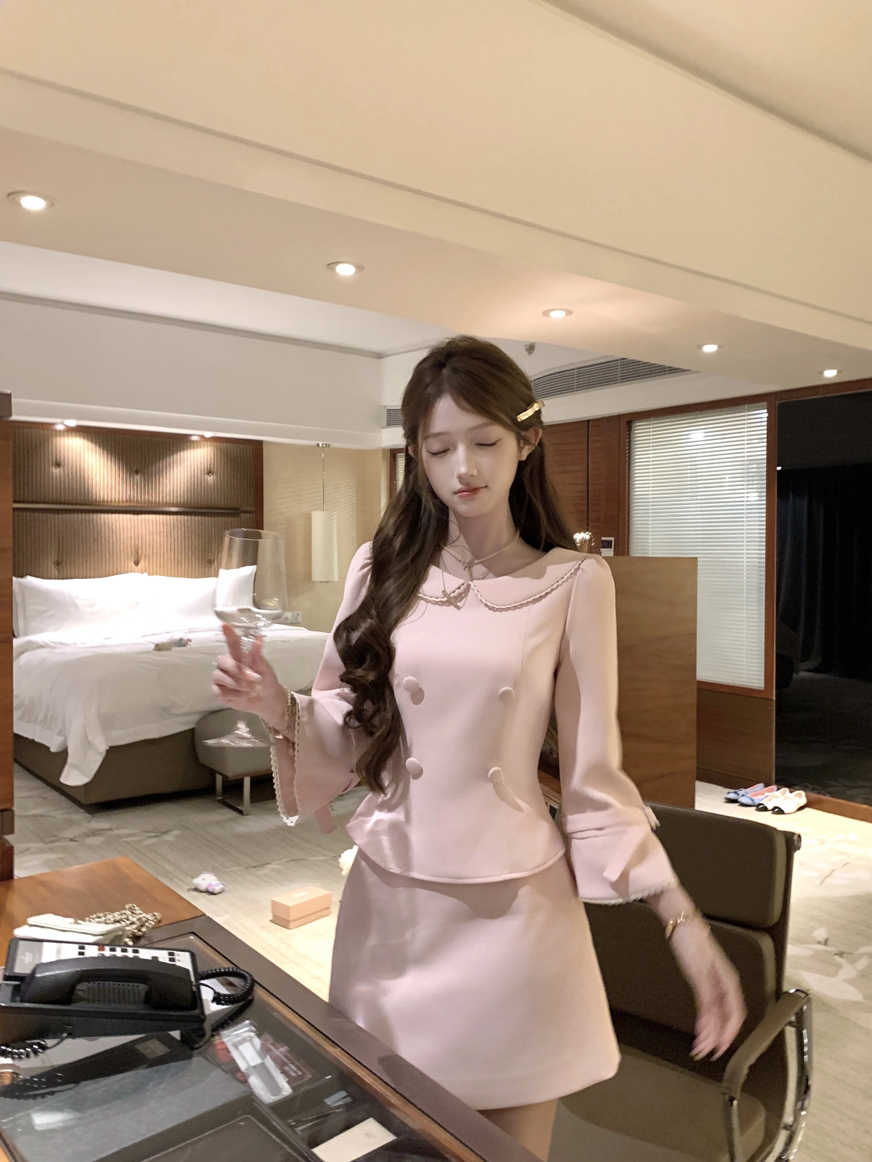 Sweet Short Sleeve Doll Collar Half Skirt Women's Autumn Set Fashionable Elegant Style High Waist Pure Color A-Line Skirt