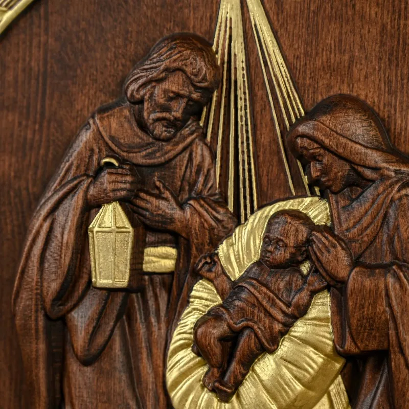 Three-Dimensional Relief Handicraft Wooden Jesus Birth Solid Wood Hand Carving Holy Family Decoration Ornaments