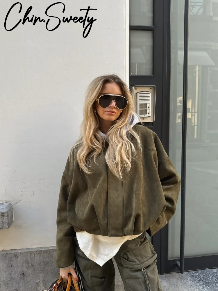 الرجعية سترات من جلد الغزال المرأة فضفاضة سستة التلبيب كم طويل جيب مطاطا هيم معطف قصير 2025 الخريف شيك شارع العليا أبلى سيدة