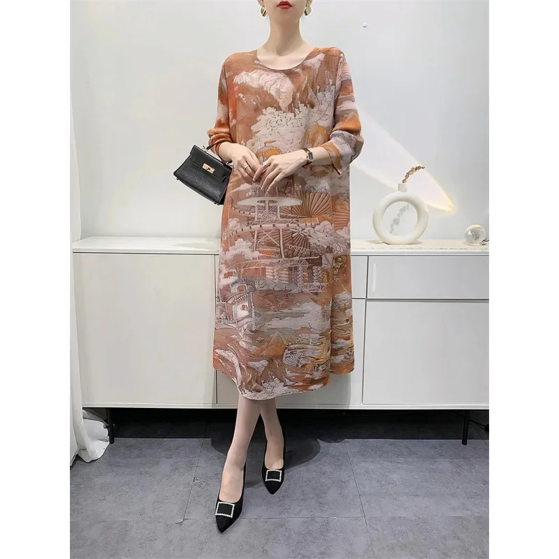 Miyake Pleated Retro Architectural Printed Long Dresses for Women 2024 autumn Round Neck Long Sleeve Elegant Loose Party Dress