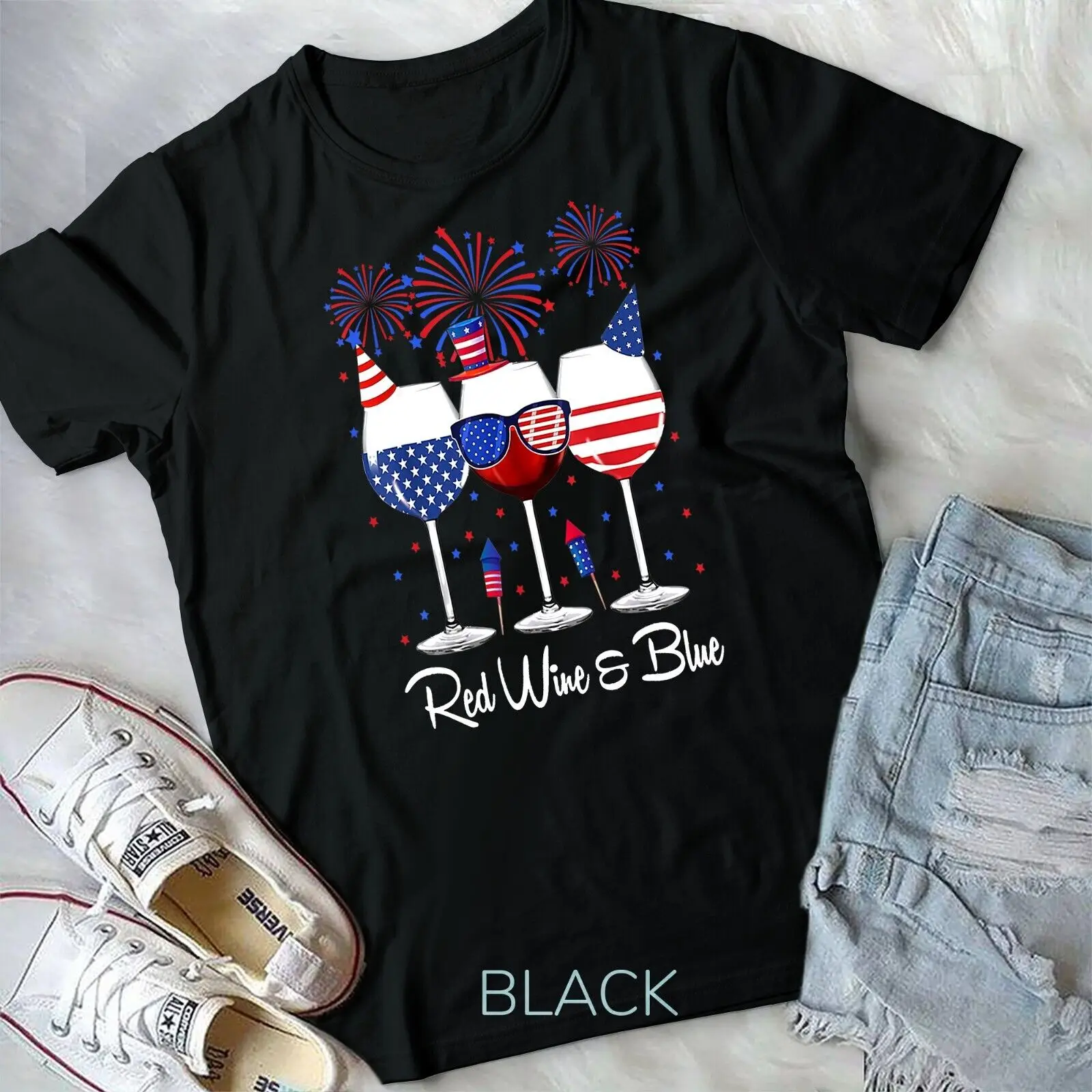 Red Wine & Blue 4th of July Wine Red White Blue Wine Glasses Unisex T-shirt