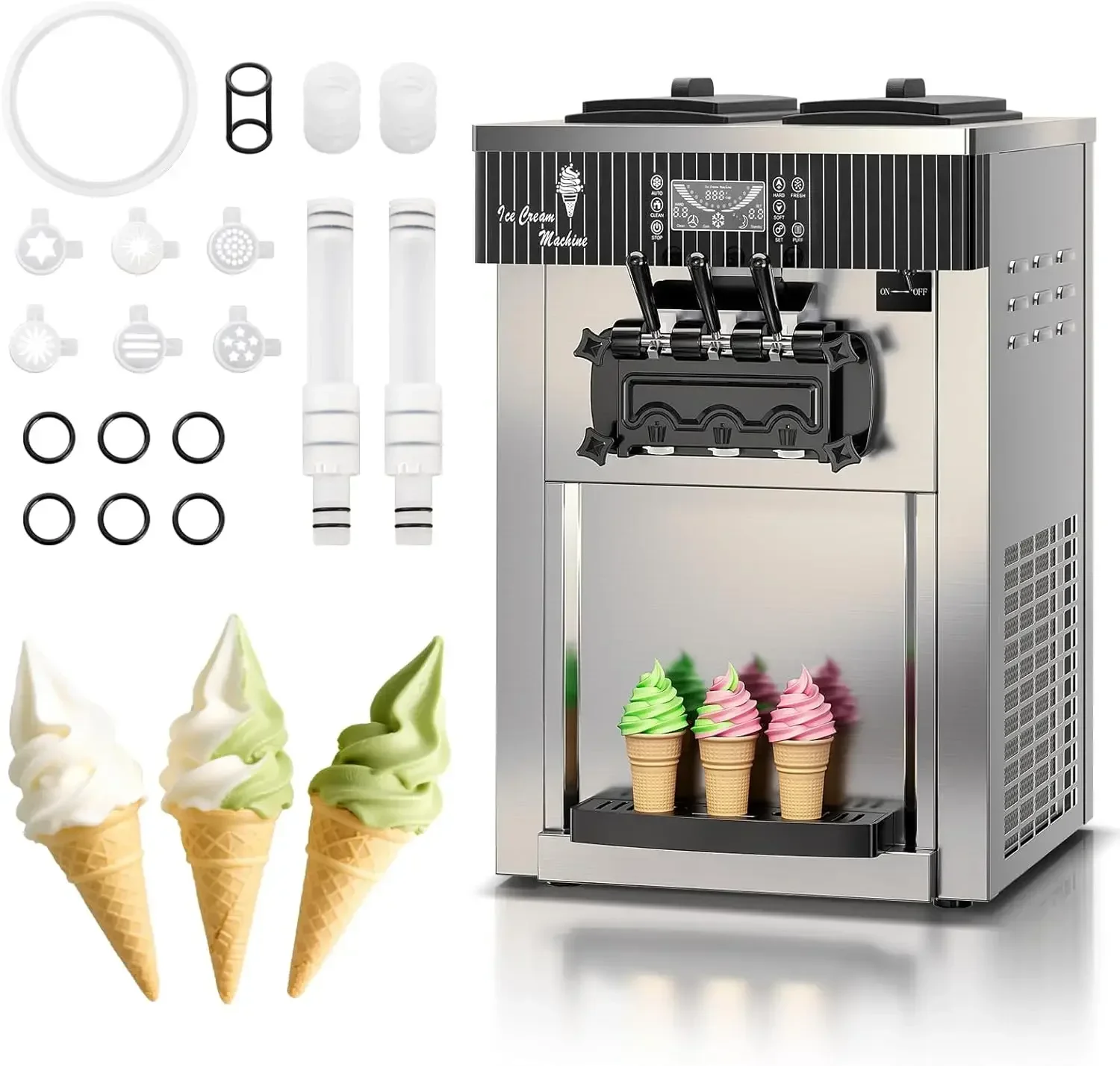 Soft Serve Ice Cream Machine,28 QT/H Yield 2450W Countertop Commercial Ice Cream Machine With 2x6L Hopper 3 Dispensers,LCD Panel