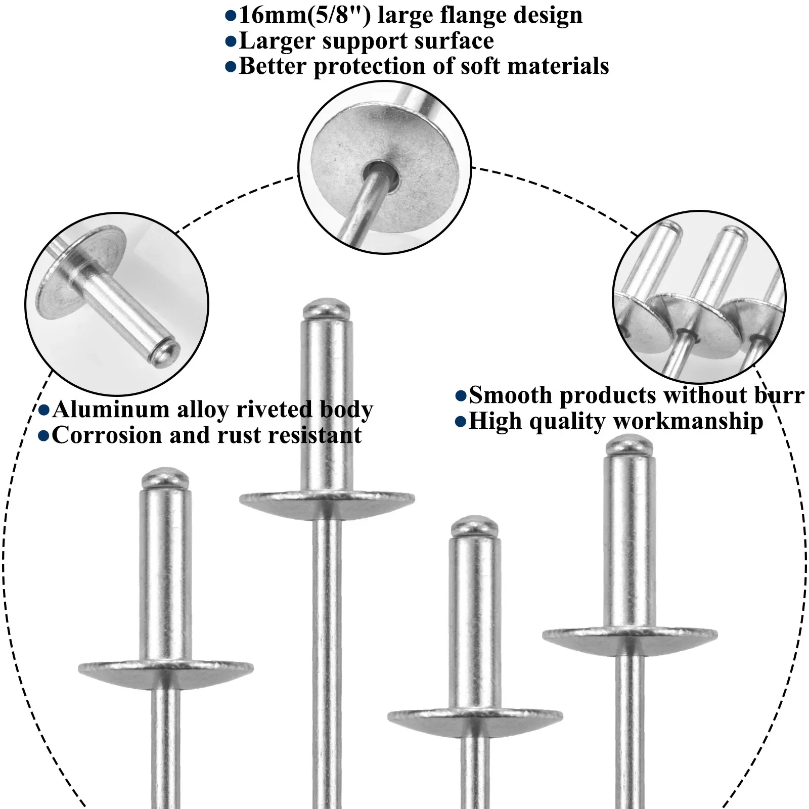 30Pcs Large Flange Blind Rivets, Aluminum Pop Rivets Assortment Kit Blind Rivet, Flange Diameter 5/8