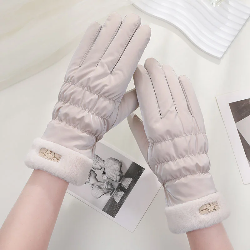 Ski Gloves Women Winter Fleece Thickened Warm Plush Cotton Waterproof Touch-Screen Gloves For Outdoor Riding Mountaineering