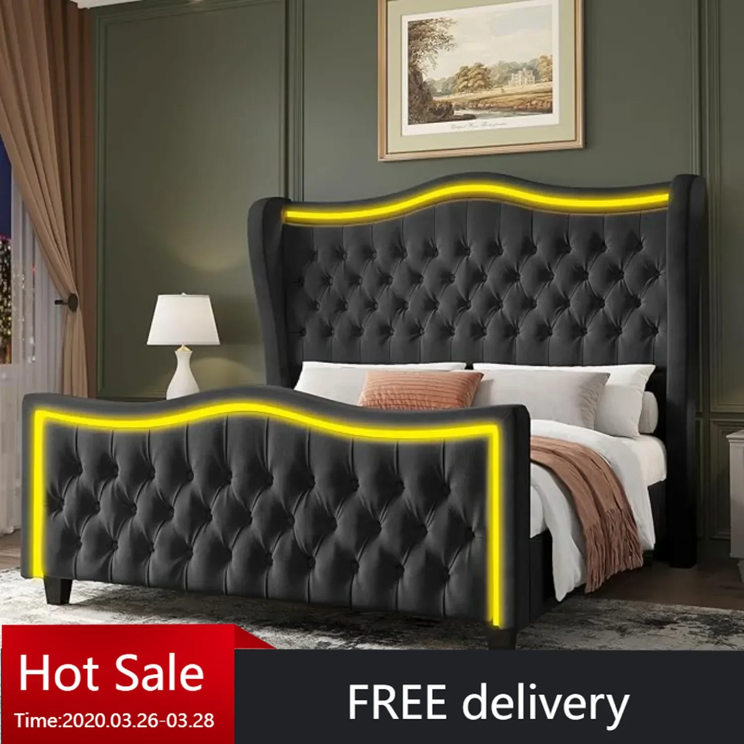 Queen Size Bed Frame w/LED Lights, 53'' Upholstered Platform Wingback Bed w/Handmade Deep Button Tufted Headboard Footboard