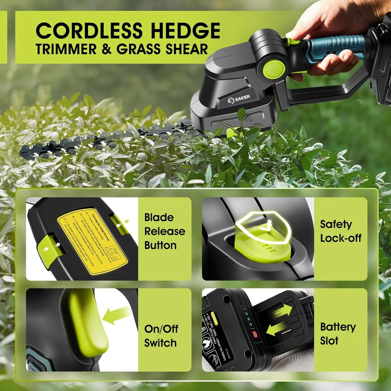 Cordless Hedge Trimmer-20V Electric Shrub Trimmer Grass Shears Handheld Grass Cutter Hedge Shear with 2 PCS Rechargeable Battery