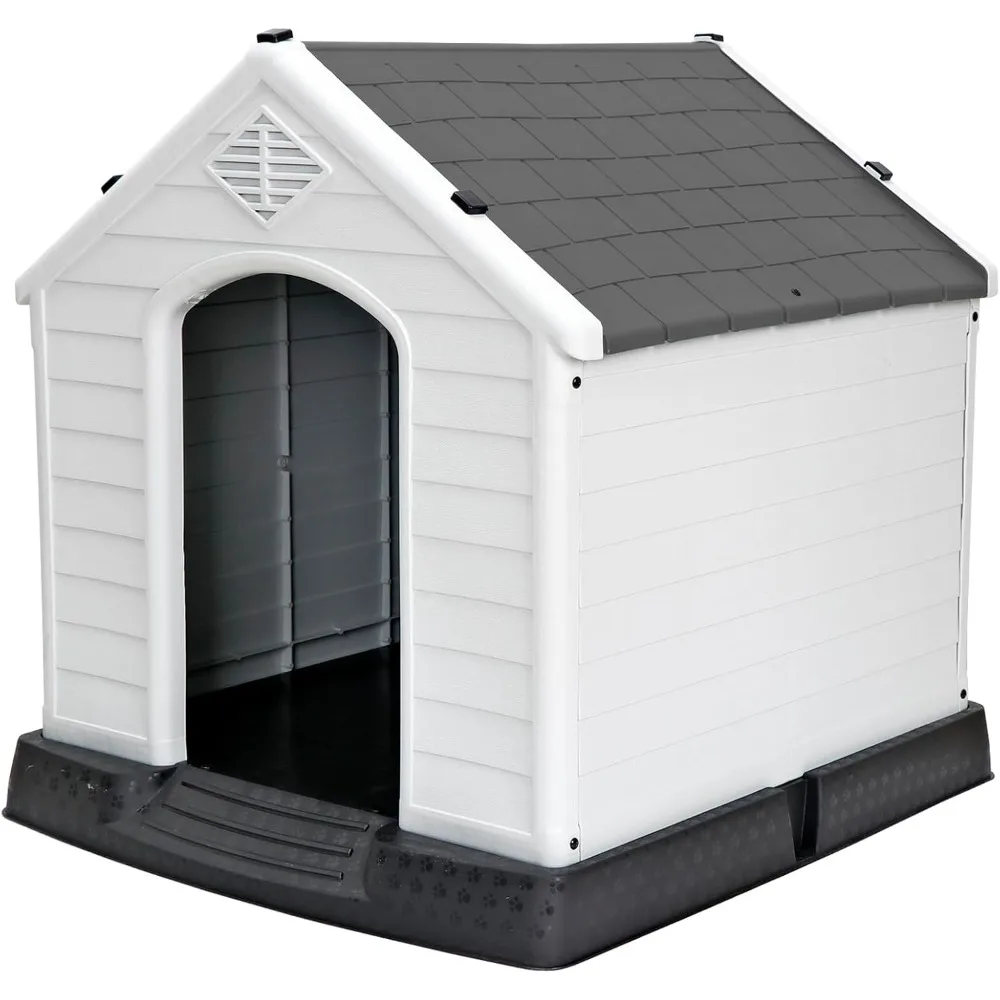 Plastic Dog House, 28 Inch Outdoor Water-Proof Puppy Shelter Kennel with Air Vents, Backyard Pet Home for Small Dogs, Gray