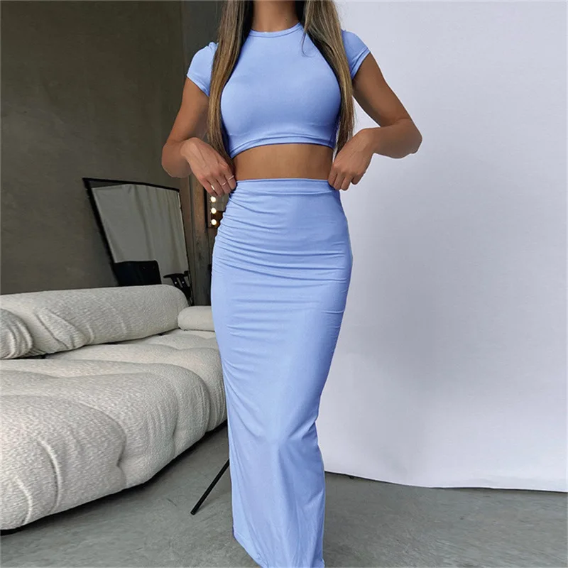 Spring Summer New Women's Short Open Umbilical T-shirt High Waist Bag Hip Skirt Casual Set