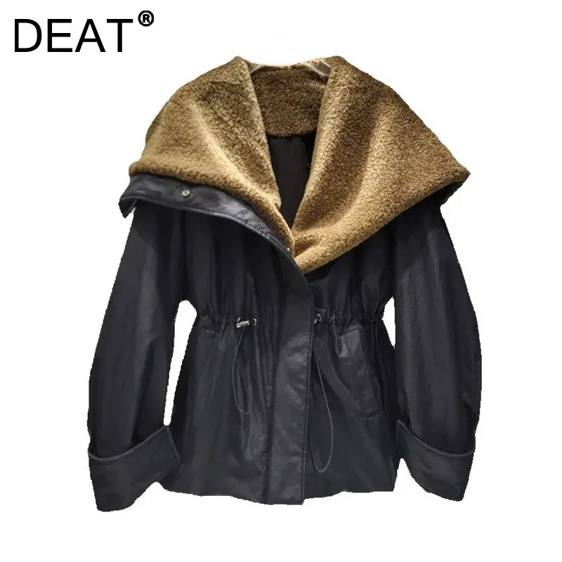 DEAT Women's Coat Loose Plush Turn-down Collar Drawstring Waist Cotton-padded Black Jackets 2025 New Fashion Spring 29L8861