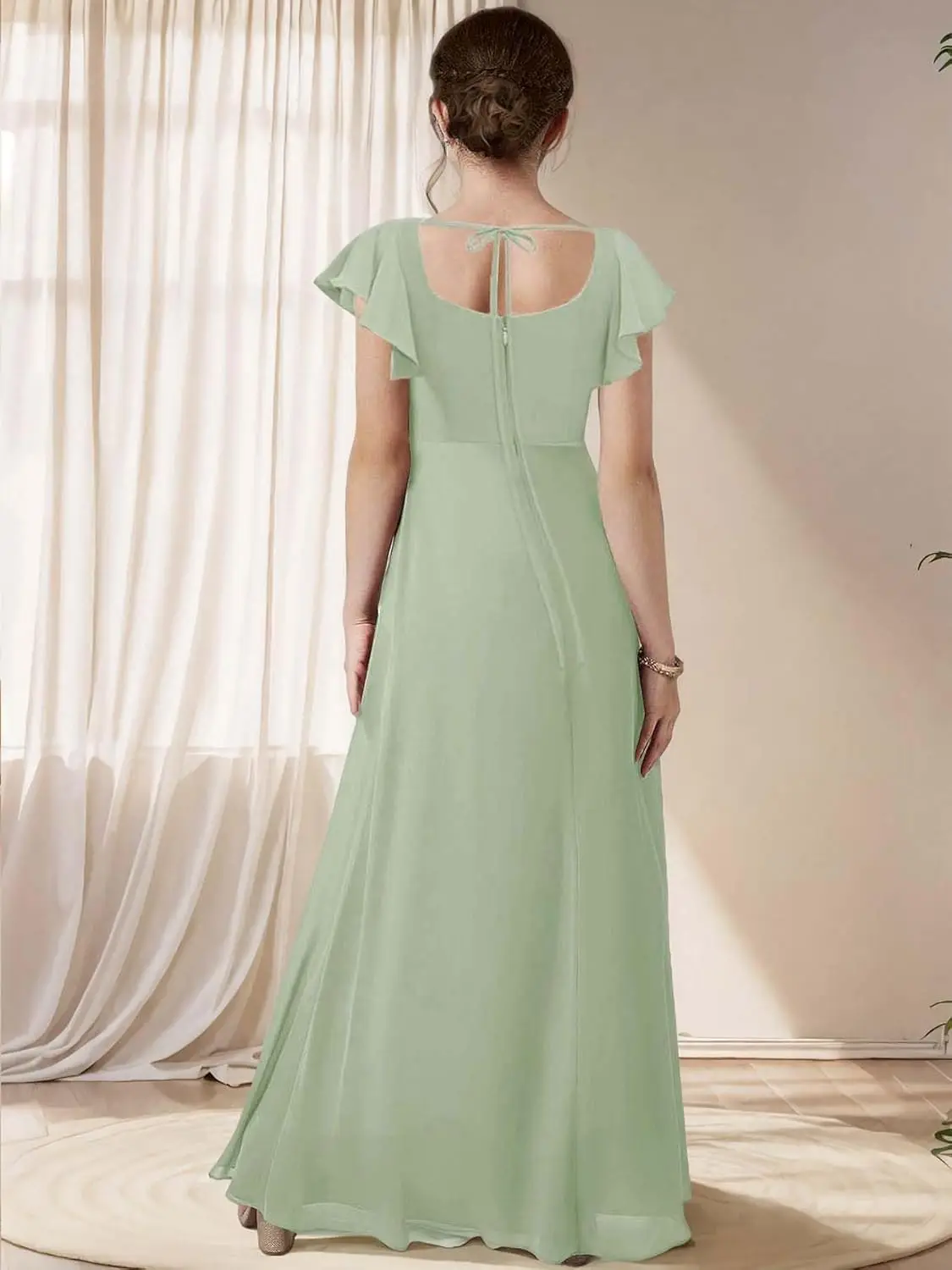 주니어 신부 들러리 A라인 드레스 슬릿 짧은 소매 스퀘어 넥 시폰 플라워 걸 파티 드레스 소녀용