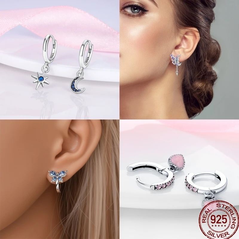 S925 Silver Pink Heart Bow Hoop/Stud/Drop Earrings with Sparkling Zirconia, Star Moon, Bees & Ladybug Charms Jewelry Gifts