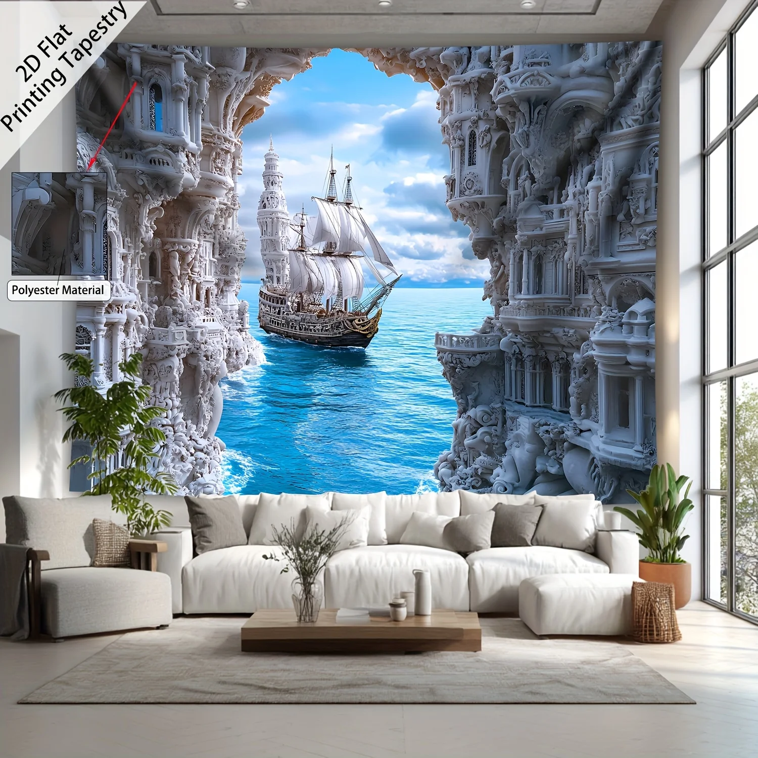 Luxury Fantasy Tapestry Wall Hanging Art Epic Ship Through Mysterious Castle Gates Surreal Ocean View Printable Decor Poster
