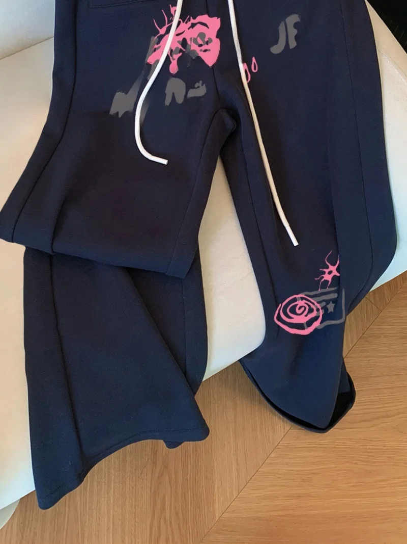 Faionable Anti-Aging Print Patchwork Dstring Straight Leg Casual Pants Women's Design Sensation  Loose Long Trousers