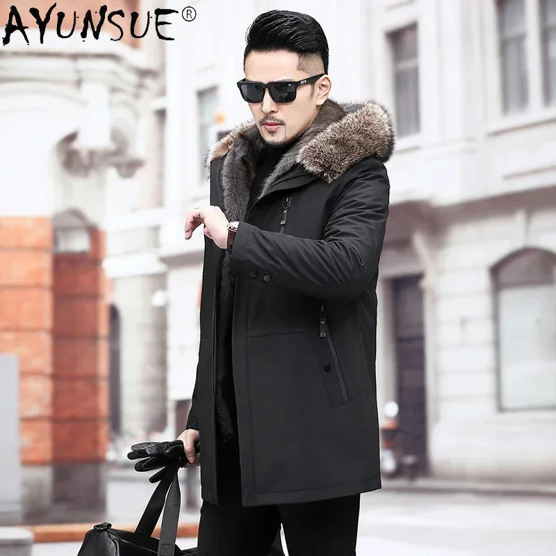 AYUNSUE Winter Natural Mink Fur Coat Warm Hooded Real Fox Collar Jacket Long Thick Clothing Men's Overcoat Veste Homme WPY