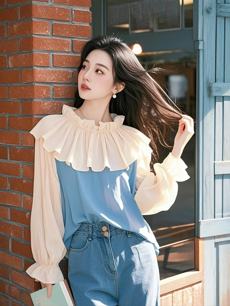 Chiffon Damen Blusen Rüschen Koreanische Shirts MODE Lose Frühling/Sommer Vintage Kleidung Patchwork Langarm Frauen Tops
