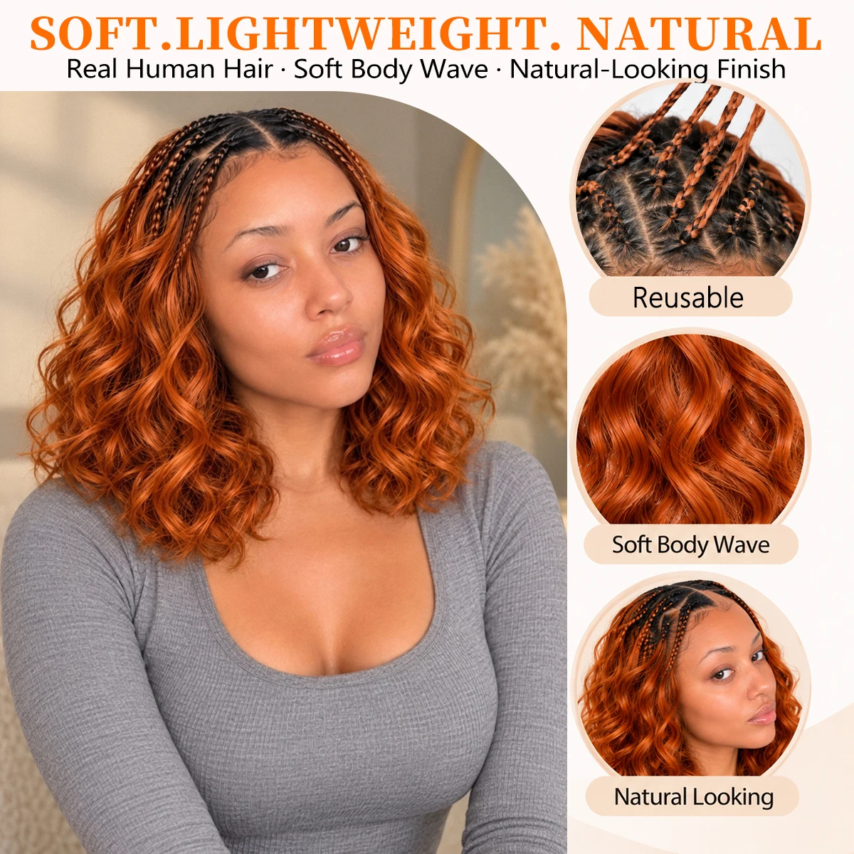 Ginger Copper Body Wave Short Length Feather Crochet Human Hair Miracle Knots Knotless Invisible Pre Separated Braiding Hair