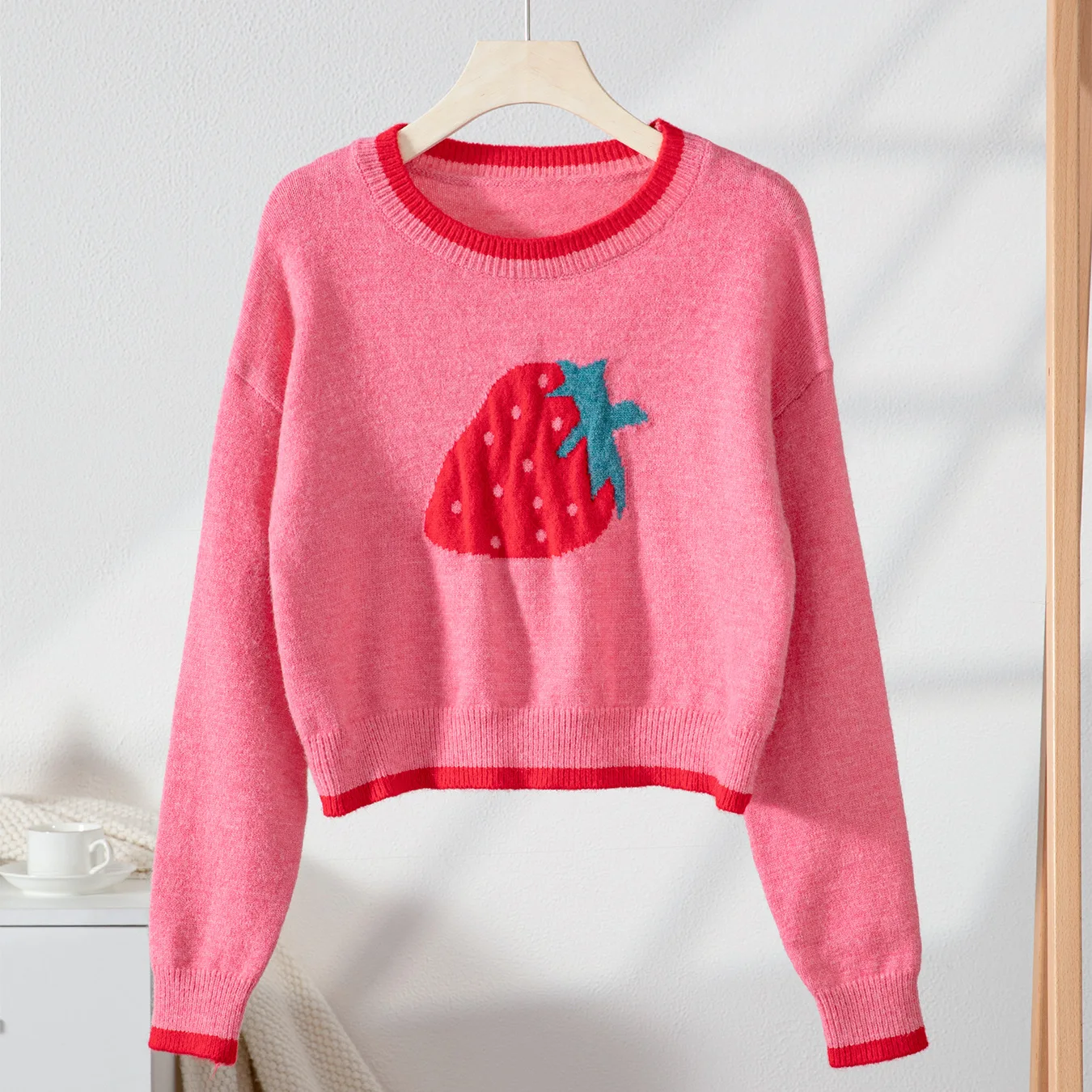Pullovers Women Sweater 2025 Casual Strawberry Jacquard New Casual Short long-sleeved Knitted Sweater Top women's Clothing