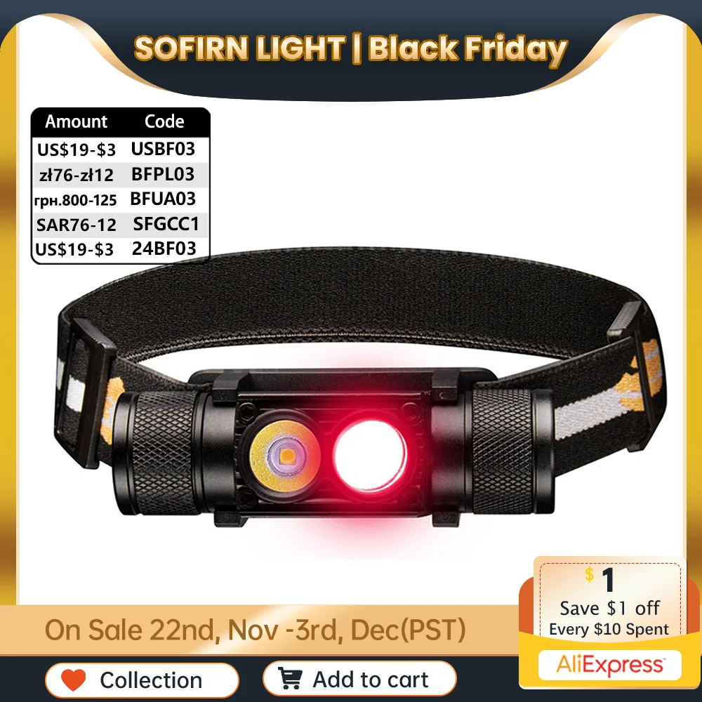 Sofirn-H25LR LED Rechargeable Headlamp USB C with 90 High CRI Bright White Light and 660nm Deep Red Torch